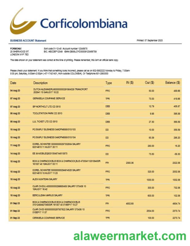 Corficolombiana Bank business checking account statement Word and PDF template